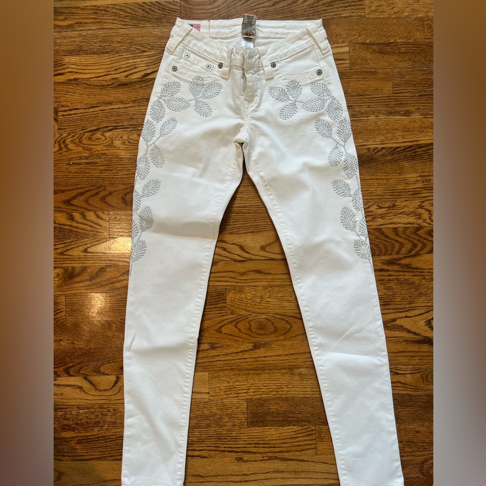 True Religion White Skinny Silver Studded Embellished Jeans